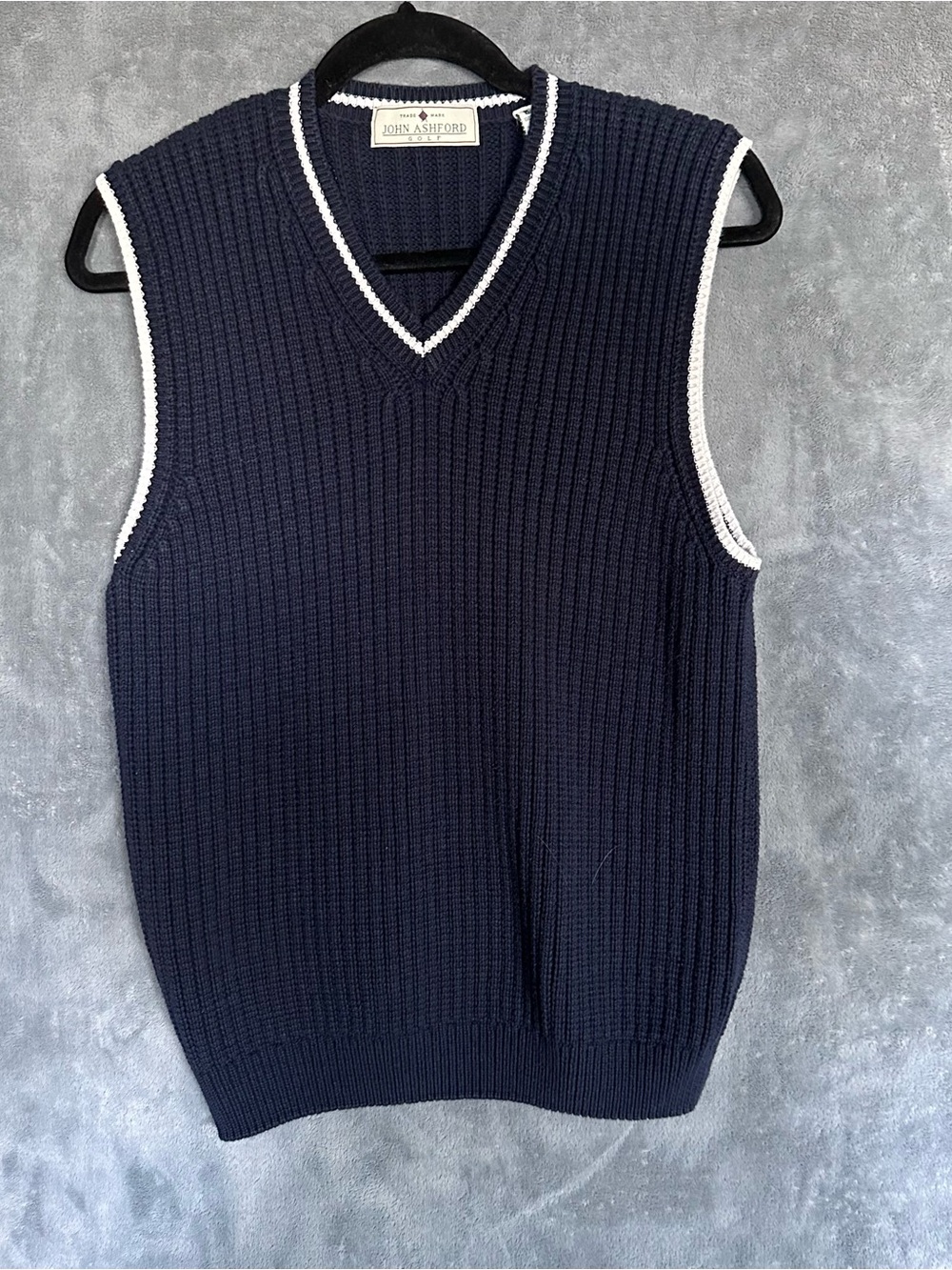 John Ashford Navy V-Neck Sweater Vest with White Trim medium made in Australia